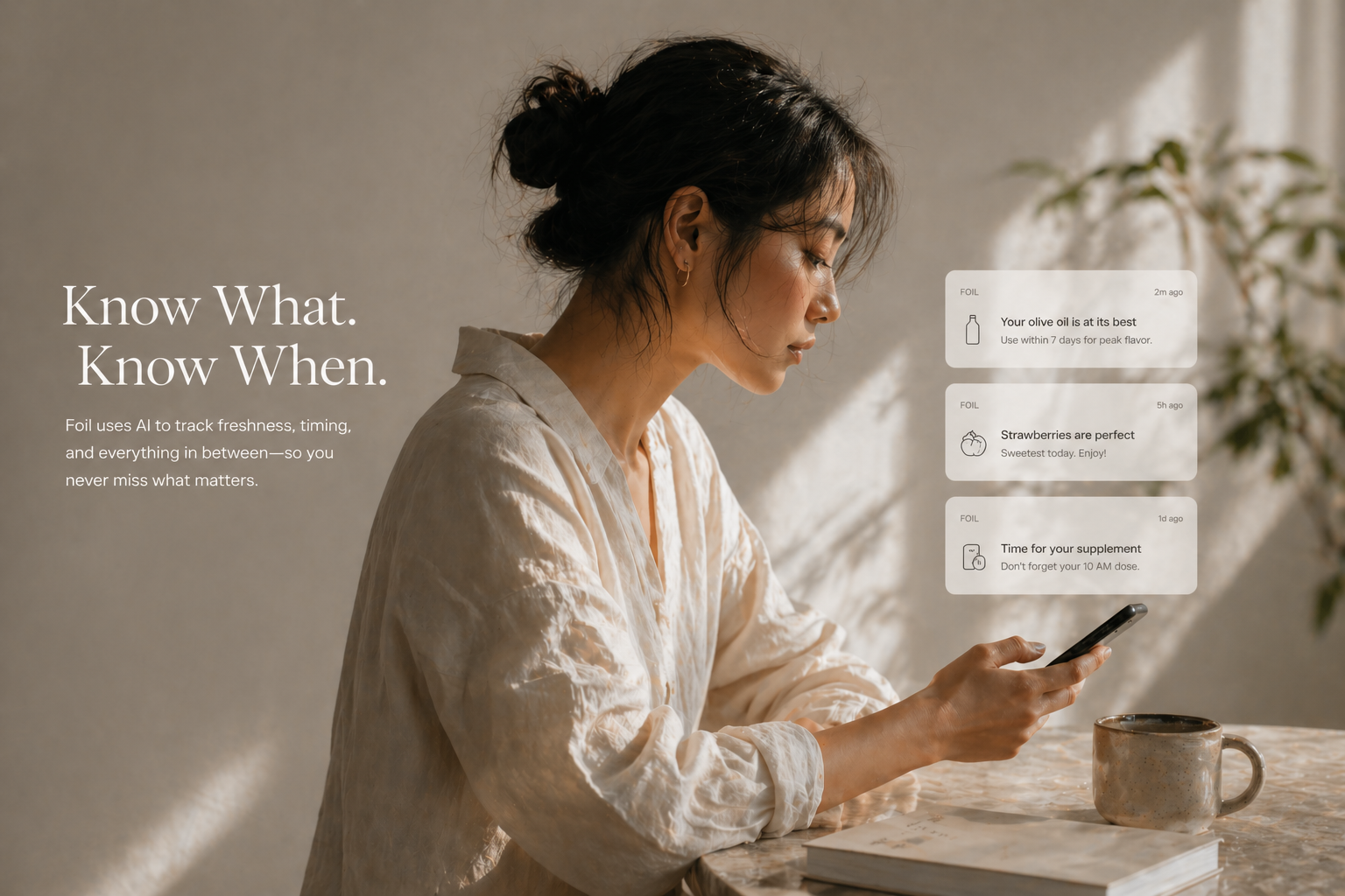 Foil - Know What. Know When. Person using Foil app in kitchen