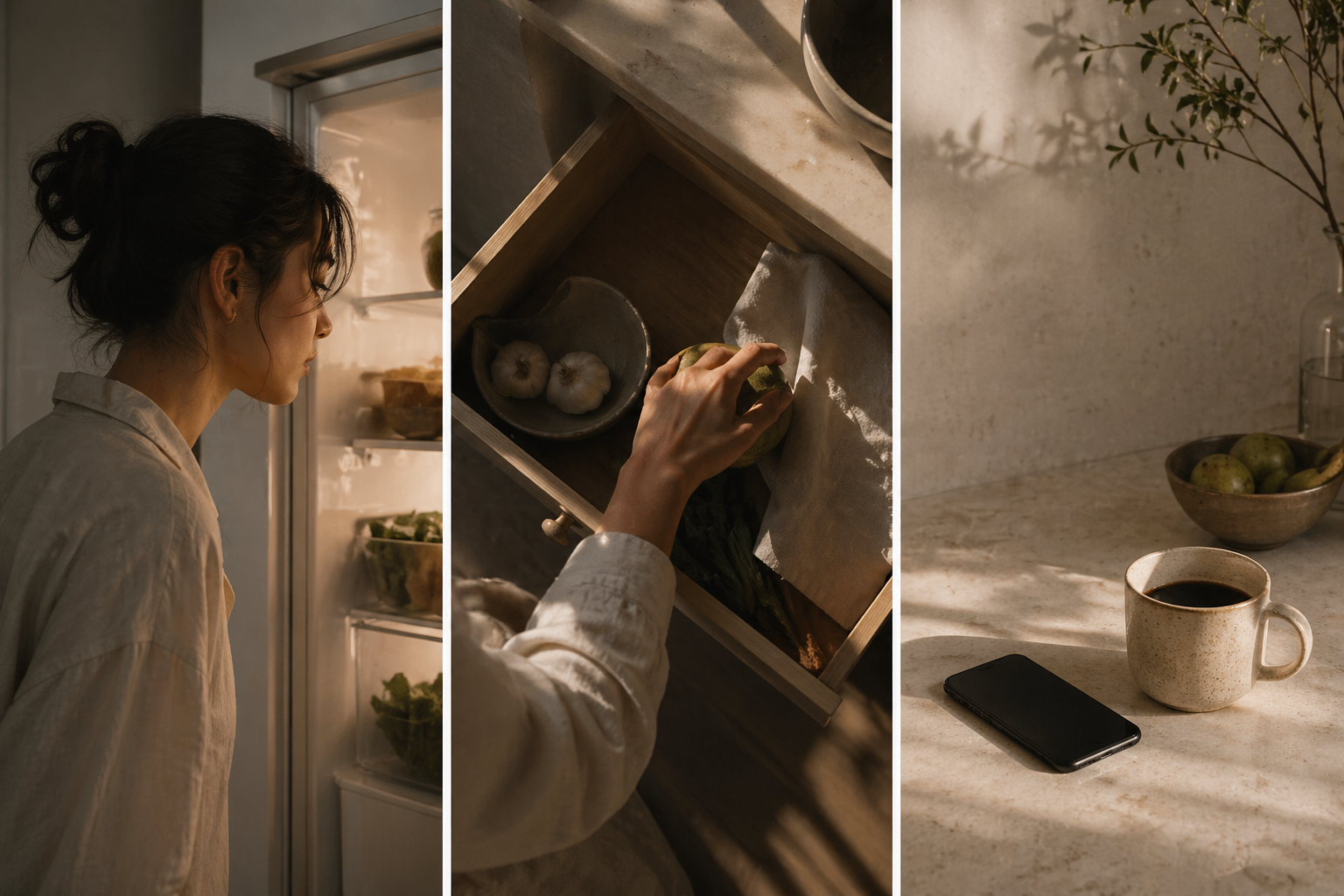 Foil fits into daily kitchen moments - checking the fridge, organizing groceries, morning coffee